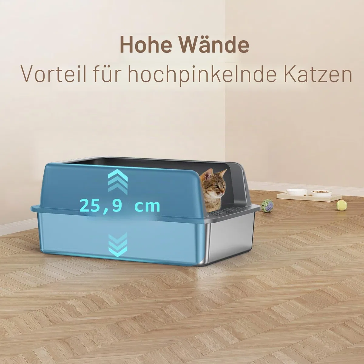 Zarler XL Edelstahl Katzenklo mit Deckel, 58x37x26cm - Hoher Rand Verhindert Streuen, Nicht Klebrig, Grau - Perfekt für Große Katzen