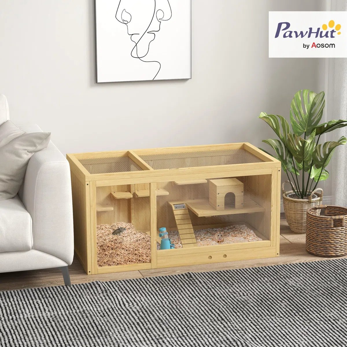 PawHut Hamsterkäfig aus Holz mit Klappdeckel Zubehör 100 x 50 x 50cm Natur | Nagerkäfig, Kleintierkäfig, Schaukeln, Leitern, Futternapf, Holzkäfig, Käfig für Hamster Zwerghamster Rennmaus