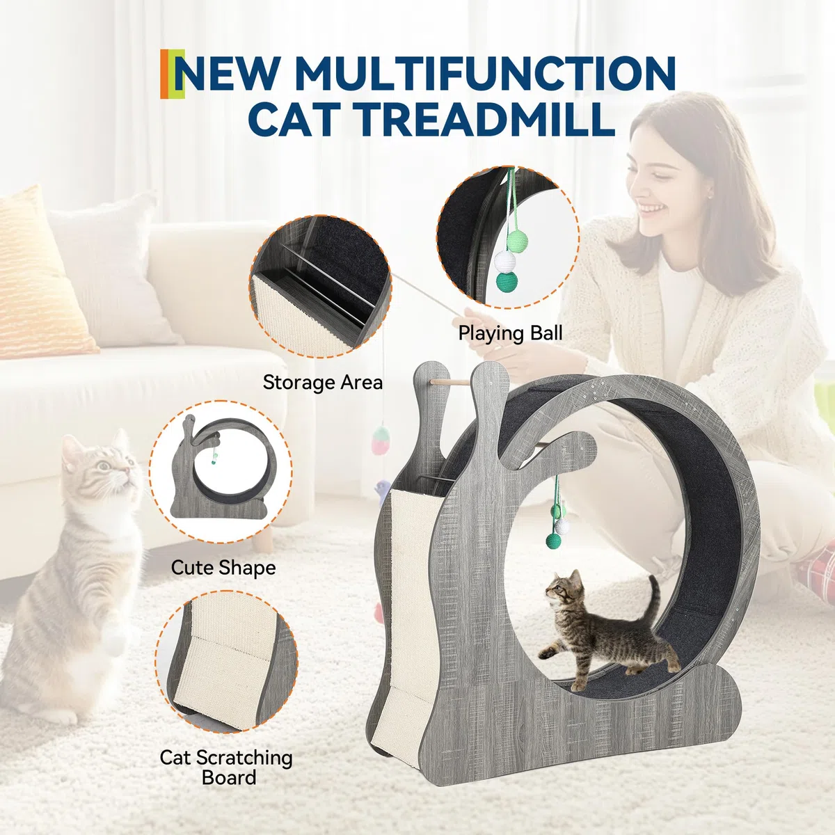Großes Katzenlaufrad, Katzenrad für Indoor-Katzen, 85,1 cm Innendurchmesser, Holz, Haustier-Laufband mit Kratzbrett und Spielbällen, leiser Katzenradtrainer, Grau