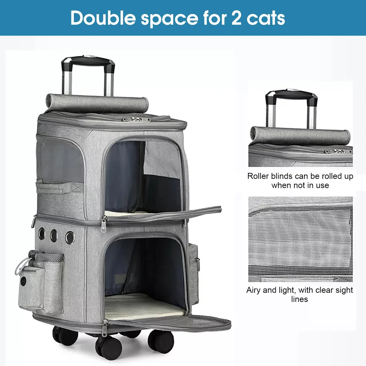 Doppelter Rucksack 2 in 1 für kleine Katzen und Hunde, Rucksack mit Rädern, Tragbare Haustier-Transporttasche, Einzigartiges und praktisches Design, Ideal für Reise/Wandern/Camping, Grau