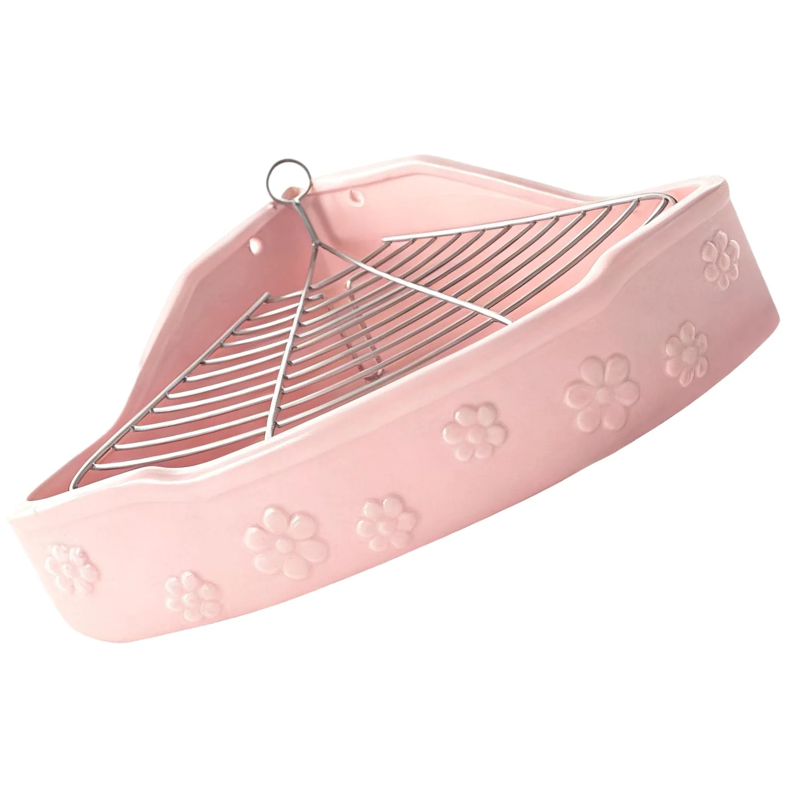 Keramik-Ecktoilette für Meerschweinchen, Kaninchen und Chinchillas, 32 x 24 x 11 cm, Blumenmuster, mit Metallgitter, leicht zu reinigen, rosa, für Käfige und Zimmerecken