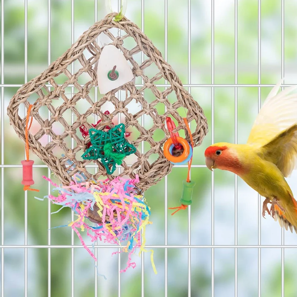 ArinkO Papageien-Kletternetzspielzeug aus natürlichem Seil mit Tintenfisch zum Kauen, Training und Spielen – ideal für Nymphensittiche, Wellensittiche und kleine Papageien (3er-Pack)