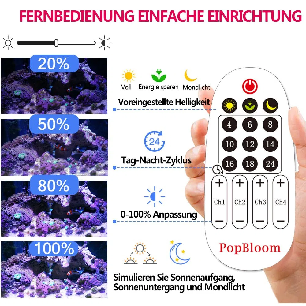 PopBloom Meerwasser LED 55W, mit Aufhängeset, Salzwasser LED Beleuchtung für Reef Coral Fish Wasserpflanzen Salzwasser Aquarium (für 50-70cm)