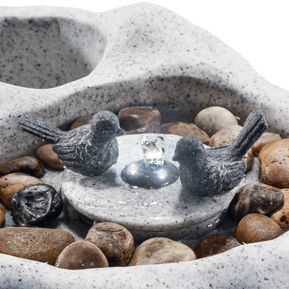 esotec Solar-Brunnen Vogelbadbrunnen mit Akku & LED & Pumpe, Solar Gartenbrunnen mit Vogeltränke, Wasserspiel Outdoor, 42x32x17cm, 101319