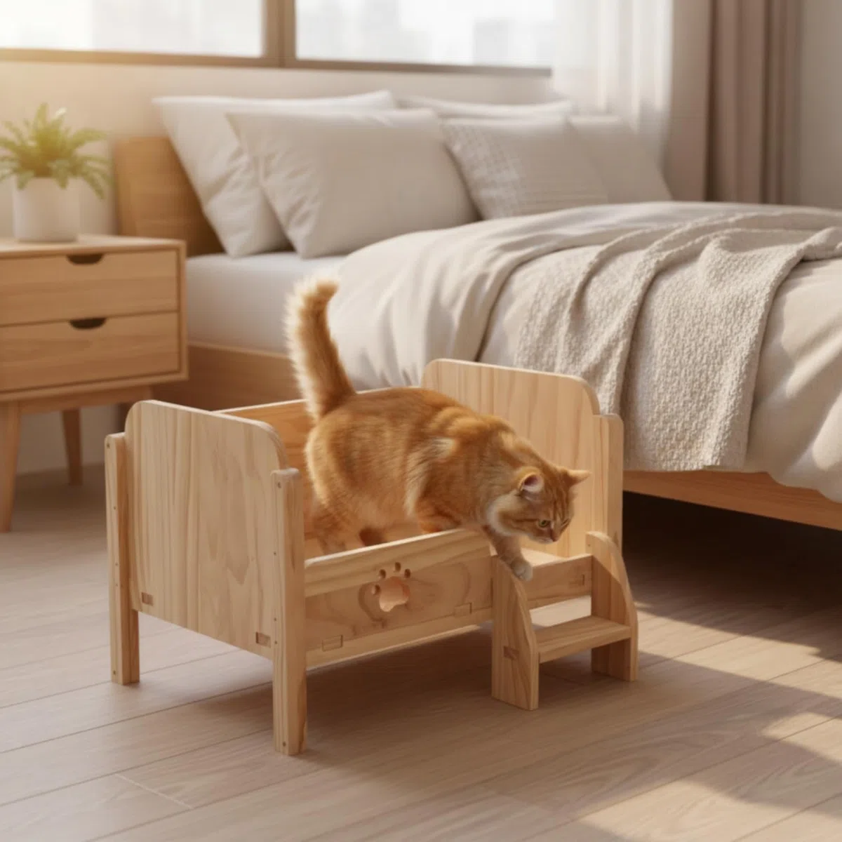 predolo Haustierbett mit Treppe erhöht Katzenbett mit Pfotenmotiv stabil Hundebett für kleine Hunde