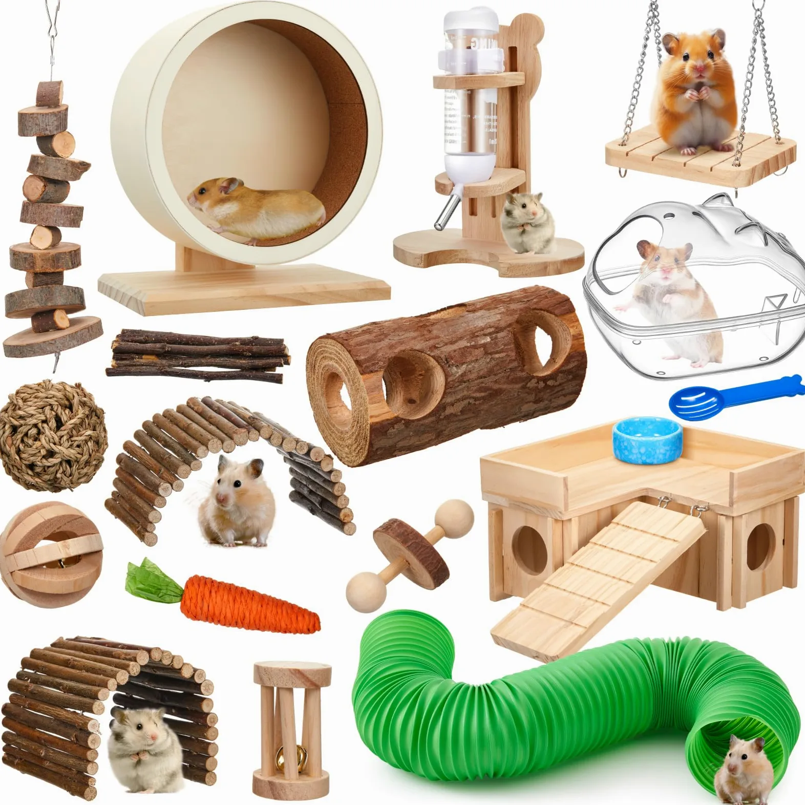 Hamsterspielzeug-Set, 19-teilig, Holz, versteckt, Baumstamm, Tunnel, Rohr, leises Training, Laufräder, Wasserflaschen-Set, Sandbadschale, 10 Arten, Kauspielzeug für Hamster, Lebensraum