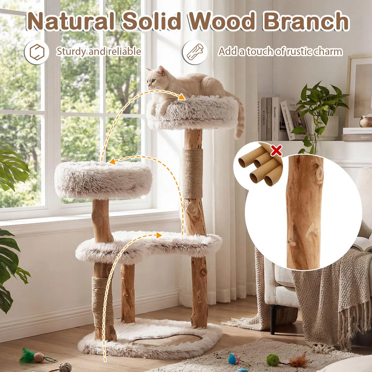 FANTASK Holz-Katzenkratzbaum 101 cm, Massivholz & Jute Kratzpfosten, Kratzmatte, 2 Plüschsitzflächen & 2 große Platformen, Katzenkletterbaum Katzenmöbel