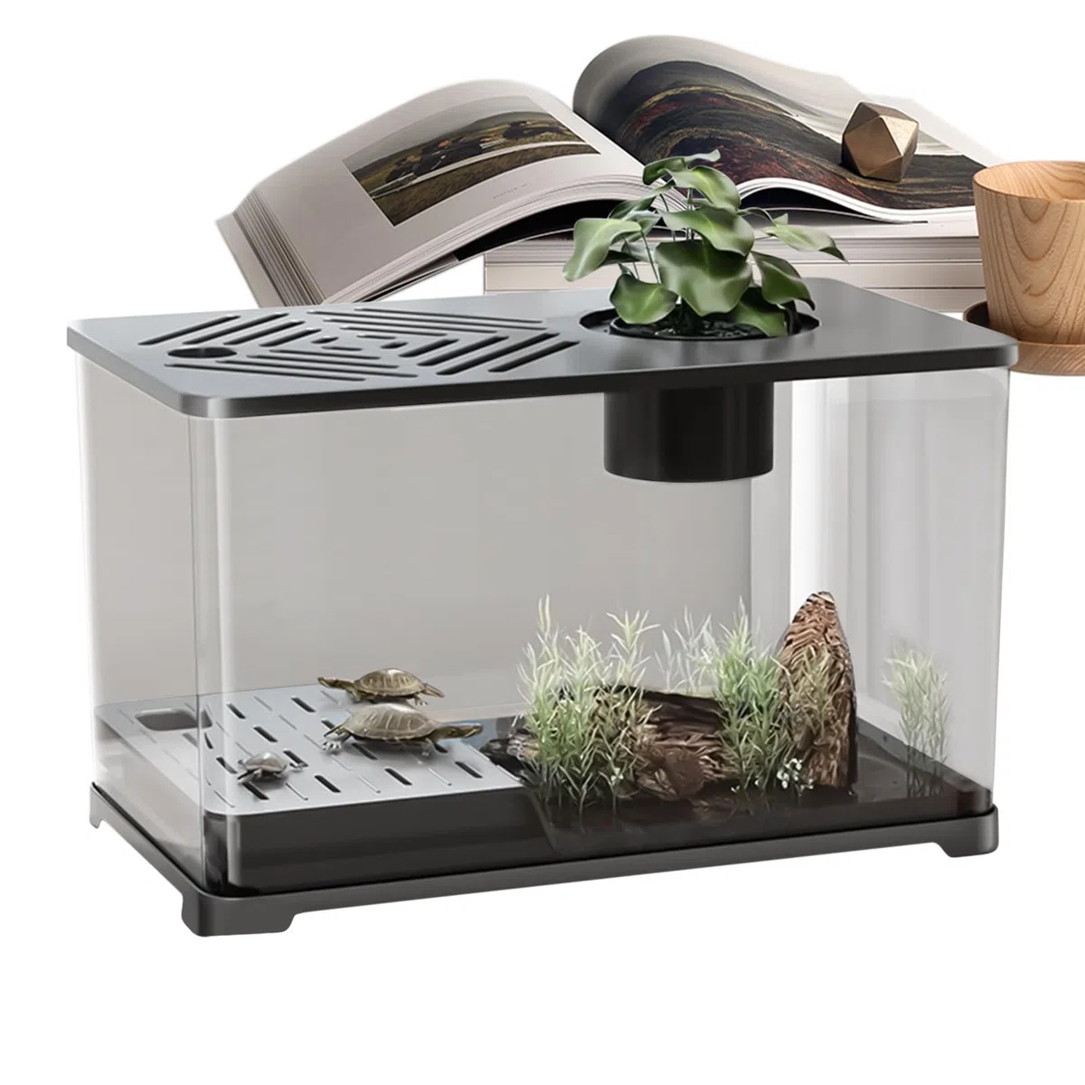 Fischbecken Großes Aquarium-Set Schreibtisch Fischbecken | Panorama Sichtbecken Mit Schildkröten Ruhebereich Für Guppy Garnelen Quallen Und Wasserpflanzen Als Schreibtisch Deko