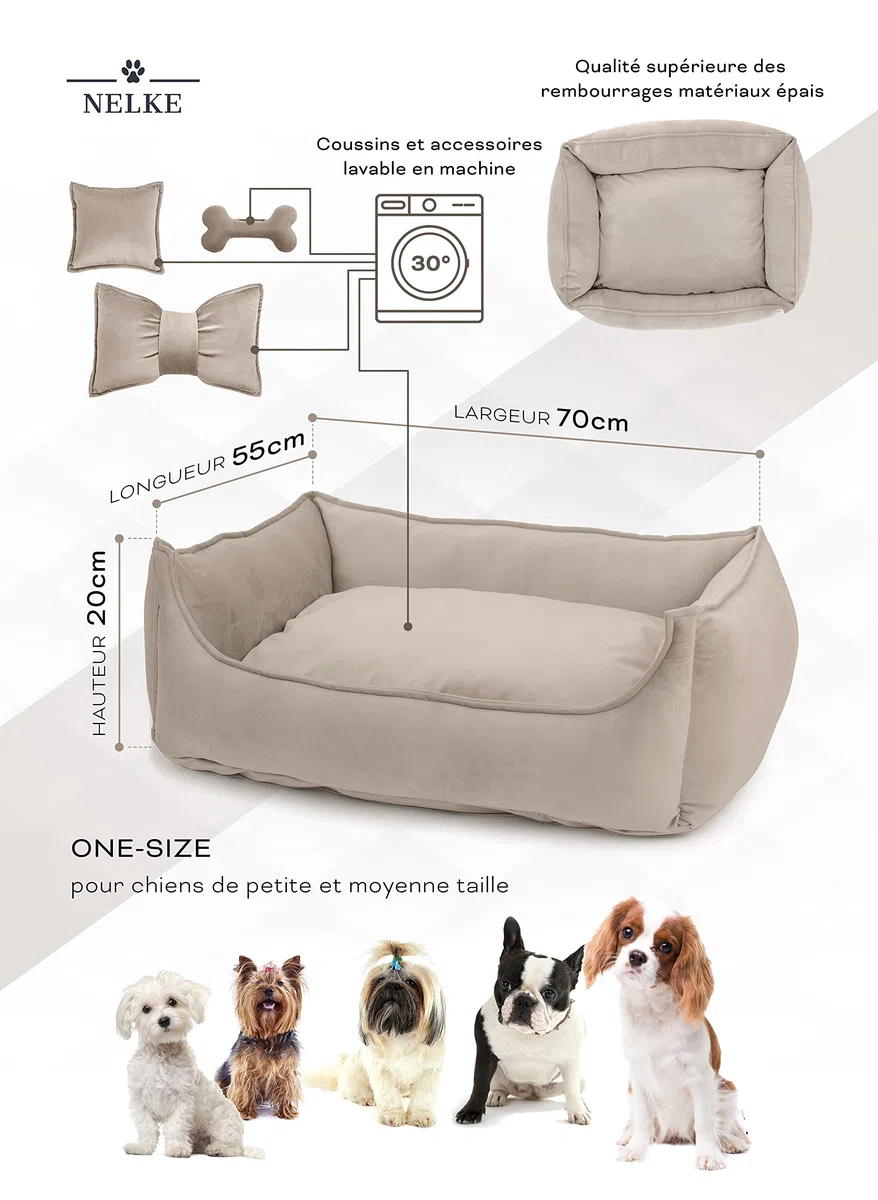 NELKE Hundebett Beige Hundekorb kuschelig Hundekörbchen im Scandynavian Stil Hundesofa Hochwertige Hundecouch mittelgroße und kleine Hunde waschbar Hundekissen