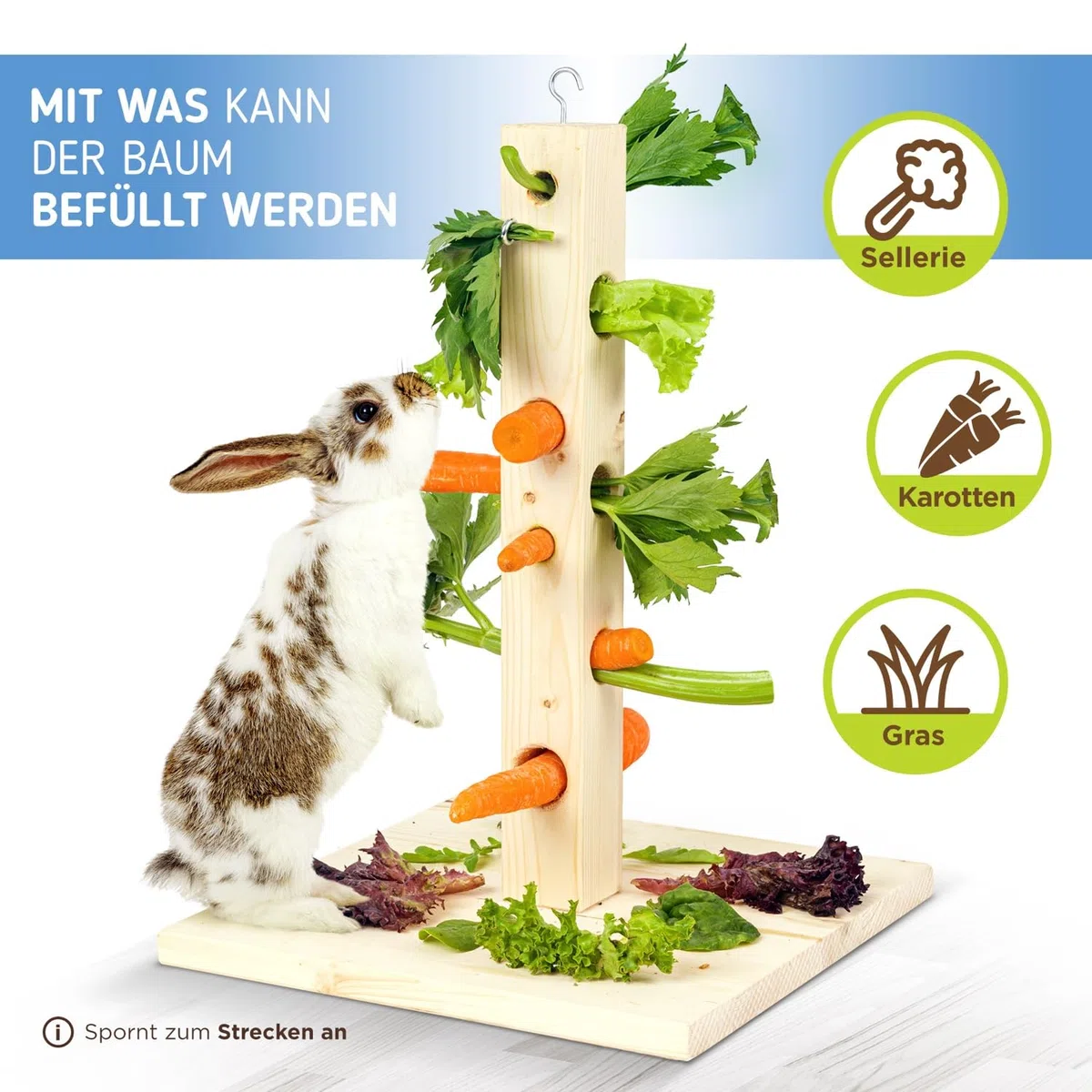 Futterbaum Kaninchen Meerschweinchen mit Bodenplatte aus Holz und Erdspieß fürs Freigehege Hasen | Heuraufe Kaninchen