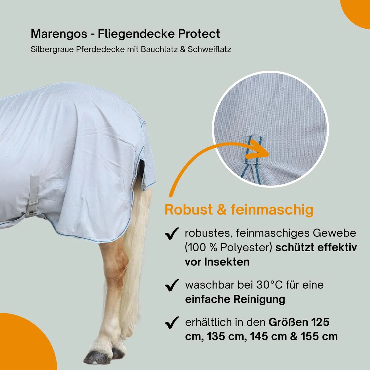 Marengos - Fliegendecke Protect mit Bauchlatz & Schweiflatz | robuste & feinmaschige Pferdedecke zum Schutz vor Insekten | doppelter Frontverschluss | Outdoor-Pferdedecke in Silbergrau | 125cm
