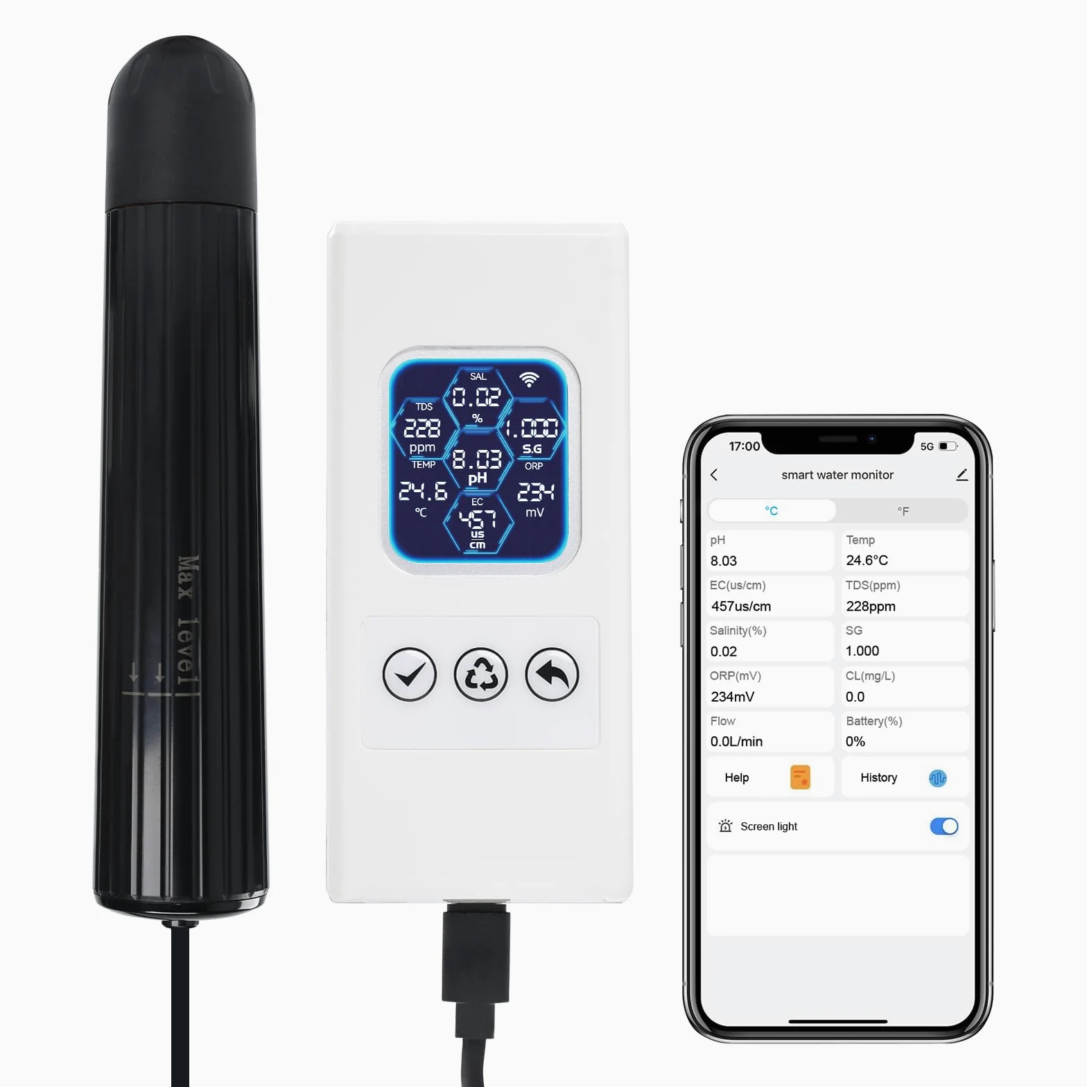 Smart 7-in-1 Aquarium-Wasserqualitätsmonitor mit WLAN, pH ORP TDS EC Salinity Temp Tester - Farbdisplay, App-Steuerung, Echtzeit-Benachrichtigungen, ATC, austauschbare Sonde, alle Tankgrößen