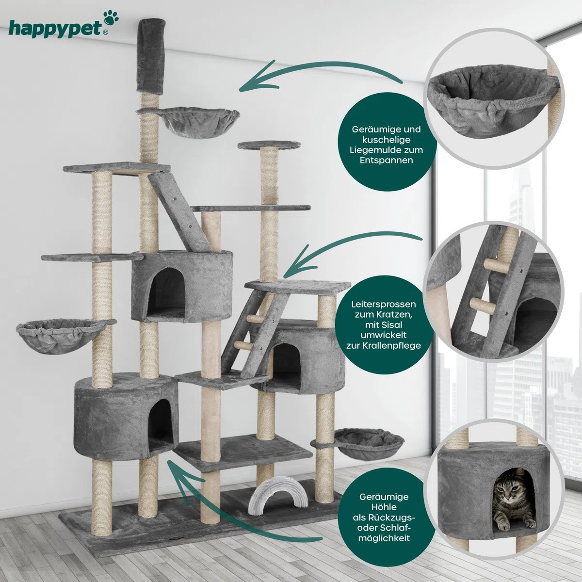 HAPPYPET XXL Kratzbaum Simba deckenhoch 260 cm - Kletterbaum Paradies, Extra Breit, Höhlen, Liegemulden, Großer Katzenbaum Stabil für Katzen, 9 cm Säulen, viel Zubehör