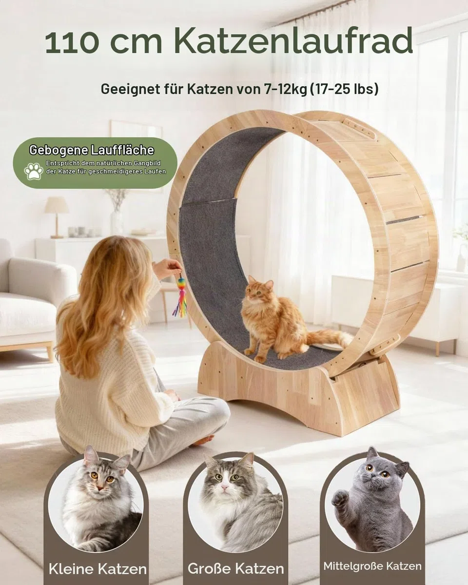 Katzenlaufrad aus Holz 110 cm Leises Laufrad Katze für Tägliches Training | Katzenrad mit Sicherheitsverschluss & 2 Abnehmbaren Teppich-Laufflächen, Bis 12 kg Belastbar, Geeignet für die Meisten Katzen
