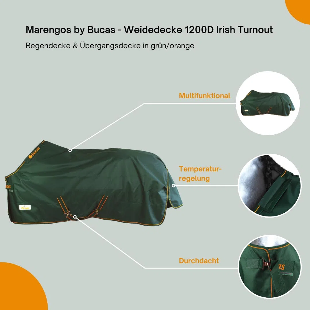 Marengos by Bucas - Weidedecke 1200D Irish Turnout | als Regendecke & Übergangsdecke | wasserdichte Outdoordecke mit Innenfutter & Kreuzbegurtung | Grün/Orange in Größe 165cm (ohne Füllung)