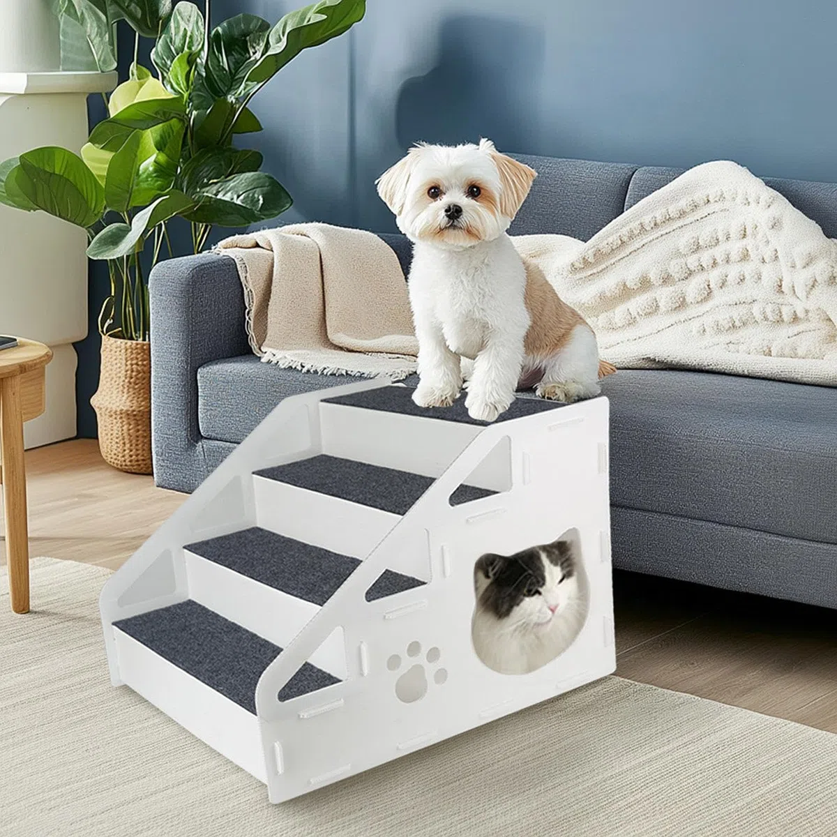 Hundetreppe, Hunderampe, rutschfest, Tragbar, Abnehmbar, für ältere Hunde, Katzenbett, Auto, Katze, 4 Schritt