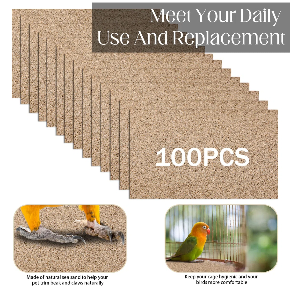Fabbay 100 Stück Kiespapier für Vogelkäfig, 27.9x43.2 cm, Vogelkäfig, Papier, Haustierschleifpapier für Vogelkäfig im Meeresand, sauber, einfach für verbesserte Verdauung, Papageien, Nymphensittiche