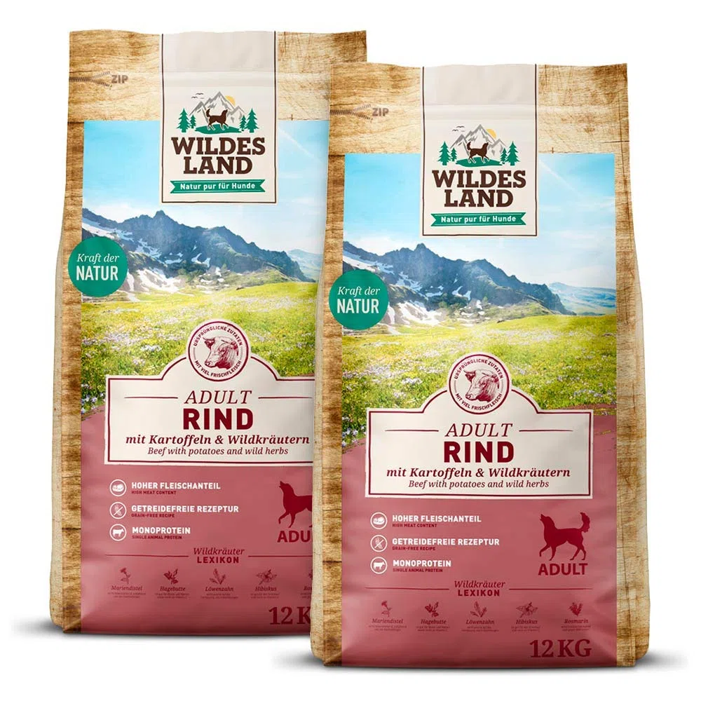 WILDES LAND – Rind | Trockenfutter mit extra hohem Fleischanteil und natürlichen Zutaten für ausgewachsene Hunde. Alleinfutter ohne Zusatzstoffe im Beutel | 24kg Rind
