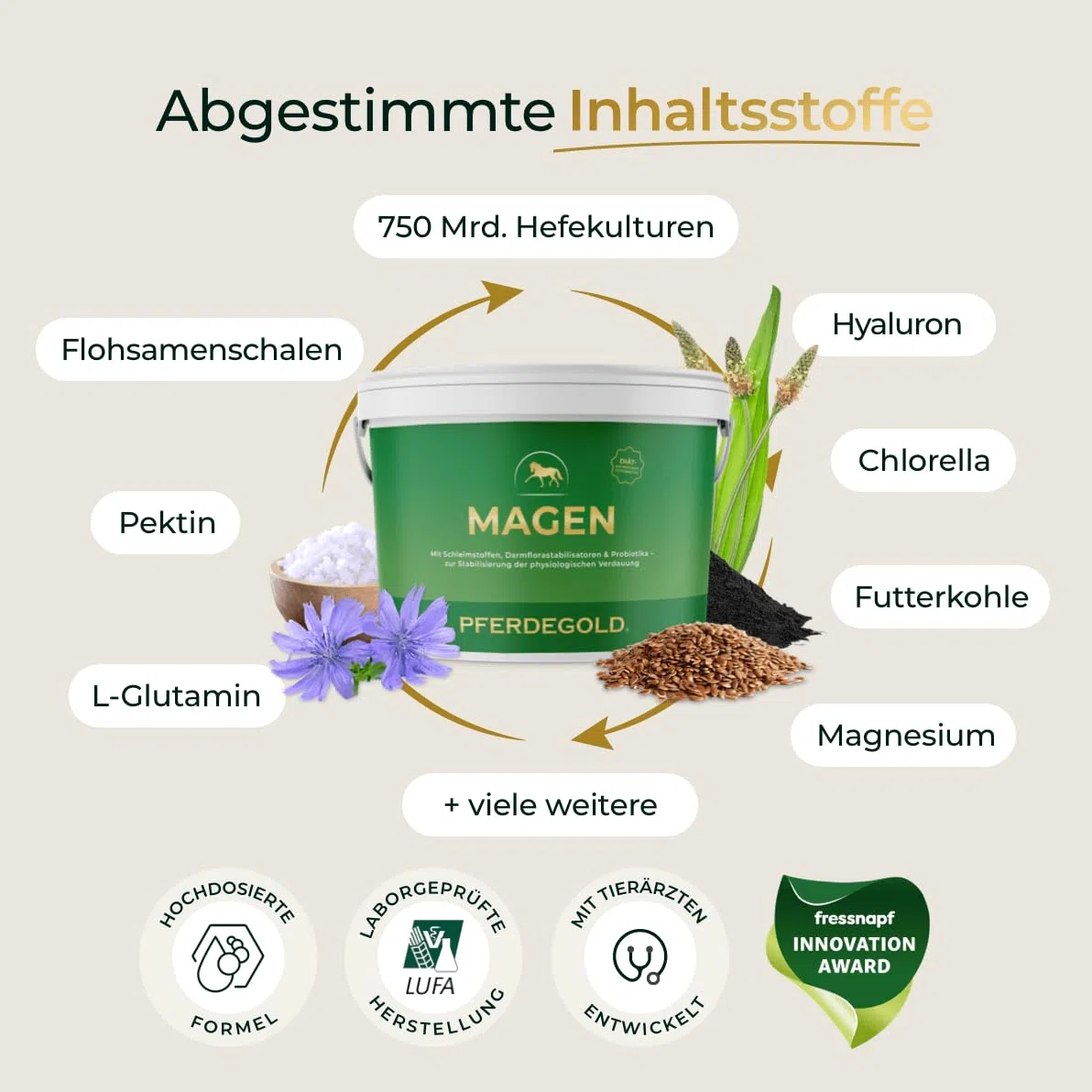 Magen 1,5kg - Diätergänzungsfuttermittel für Pferde | mit L-Glutamin, L-Threonin, Magnesiumglycinat & 750 Mrd. Hefekulturen - Made in Germany