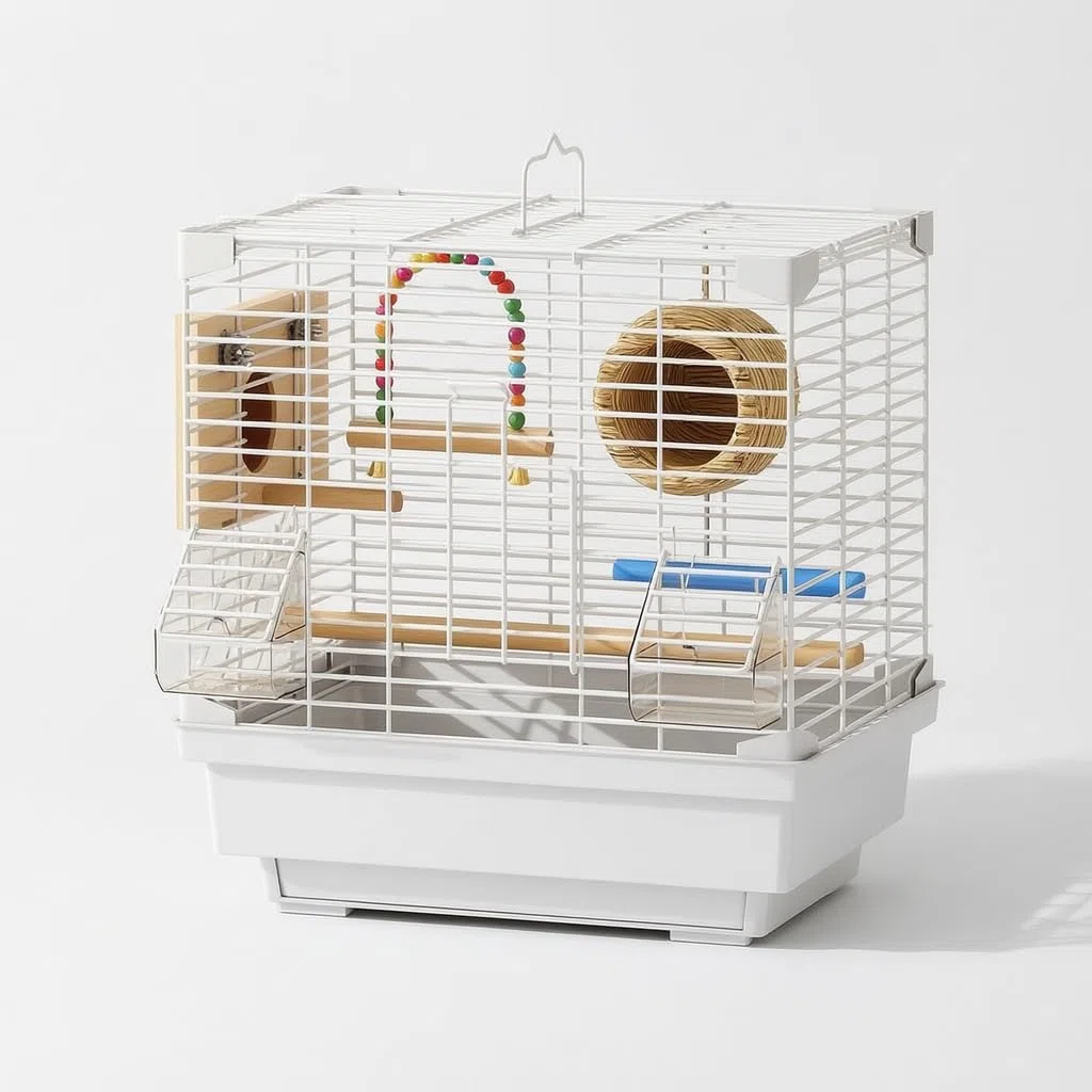 Vogelbehausung groß für Sittiche, Metall mit Panoramablick, für Zuhause, Paket C (Käfig, Sitzstange, Schublade, Bodengitter, Futterbox, Wasserbox, Brutkasten, Grasnest, Schaukel), L-Groß