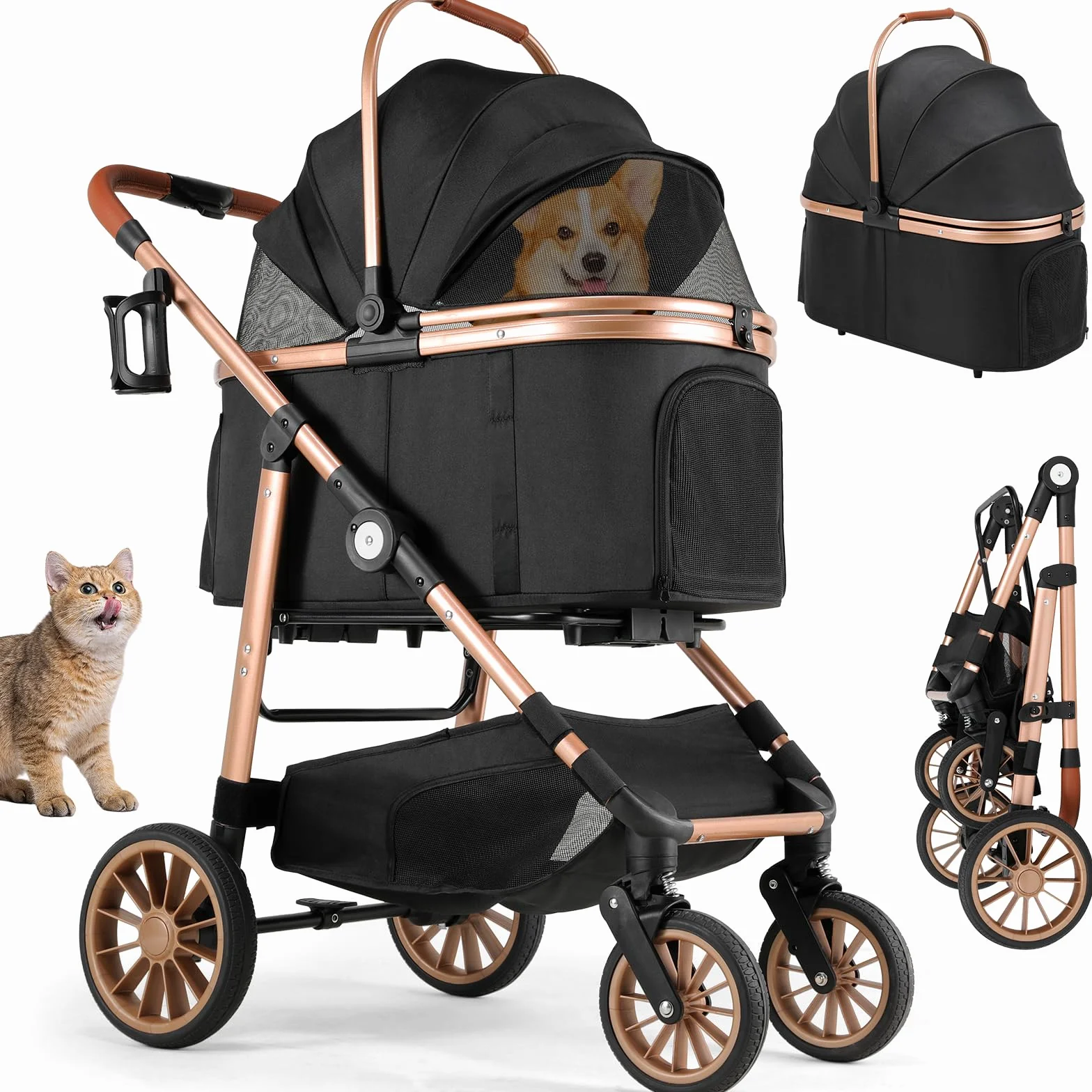 MAMIZO 4 in 1 Hundewagen, Hundebuggy bis 25kg, 4 PCS Gummiräder mit Stoßdämpfung, Faltbar Hund Kinderwagen, Hunde Buggy, Hundebuggy Hunde, Geländegängig, Katzenwagen, Schwarz