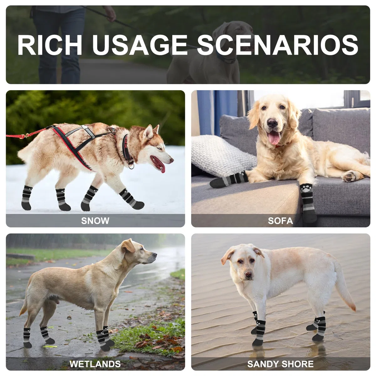 BEAUTYZOO Rutschfeste Hundesocken, Stiefel gegen Lecken von Pfoten, wasserdichte Hundeschuhe für Winter, Schnee/heißen Bürgersteig, griffige Socken mit doppelten Riemen für Hartholzböden, Booties für