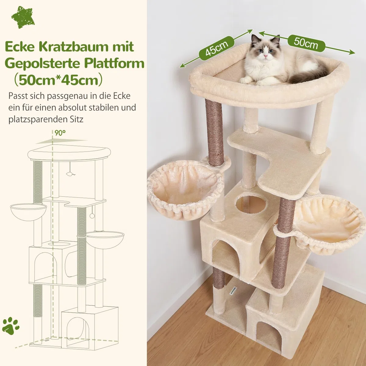 Globlazer Kratzbaum Beige Stabil für Große Katzen 163 cm Eckkratzbaum C64 | Stabil Katzenbaum mit Extragroß Gepolsterte Plattform 2 Große Katzenhäuse 2 Katzenkorb für Erwachsene Katzen, Maine Coon