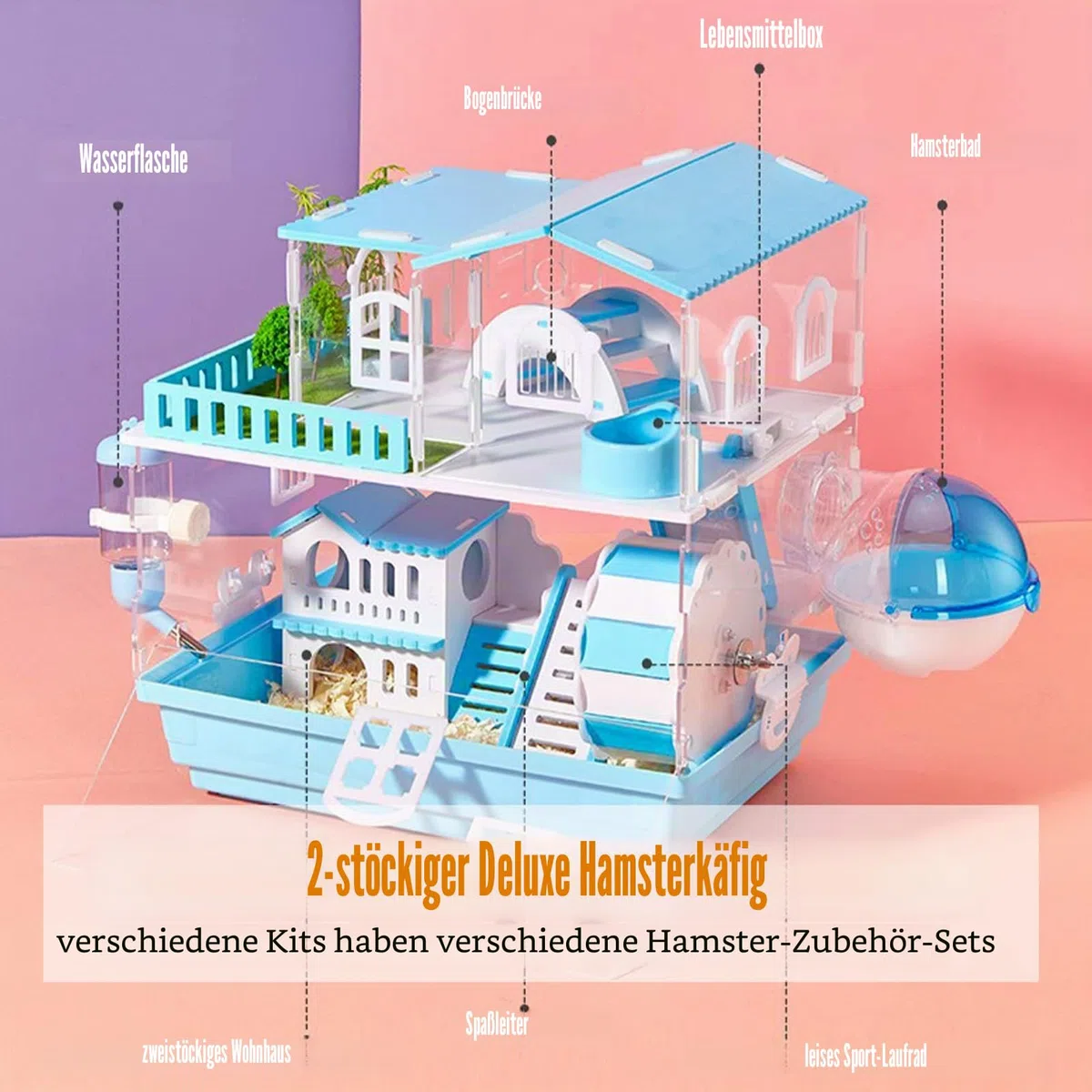 Hamsterkäfig für Hamster Zwerghamster Syrian Habitate für Kleintiere 3 Ebenen Hamsterkäfig aus Acryl komplett transparent mit Spielzeugsets (3 Schichten) ((Pink)