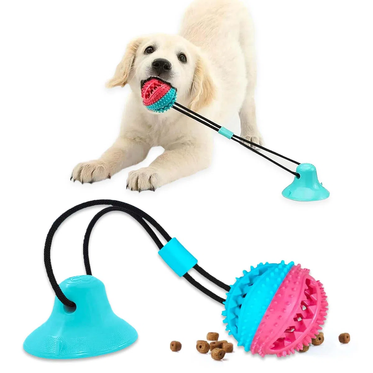 Hundespielzeug - Saugnapf Hund Kauspielzeug für aggressive Kauer - Leckerli-Dosierung Quietschendes Hundespielzeug zur Stimulation und Selbstspiel - Tauziehen Seil mit Zahnreinigungsball