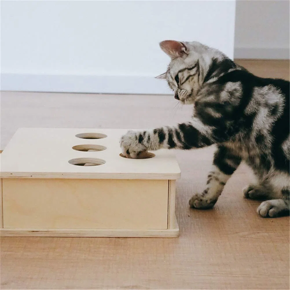 MU Katze Jagd Spielzeug Chase Maus Massive Hölzerne Interaktive Labyrinth Haustier Hamster Mit 3/5-Heiliger Maus-Loch Catch Bite Catnip Lustiges Spielzeug,3 Löcher