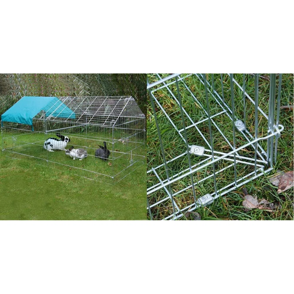Kerbl Freilaufgehege, verzinkt, mit Sonnenschutz, 220x103x103cm & 70381 Ausbruchsperre, Anbauset für 70358