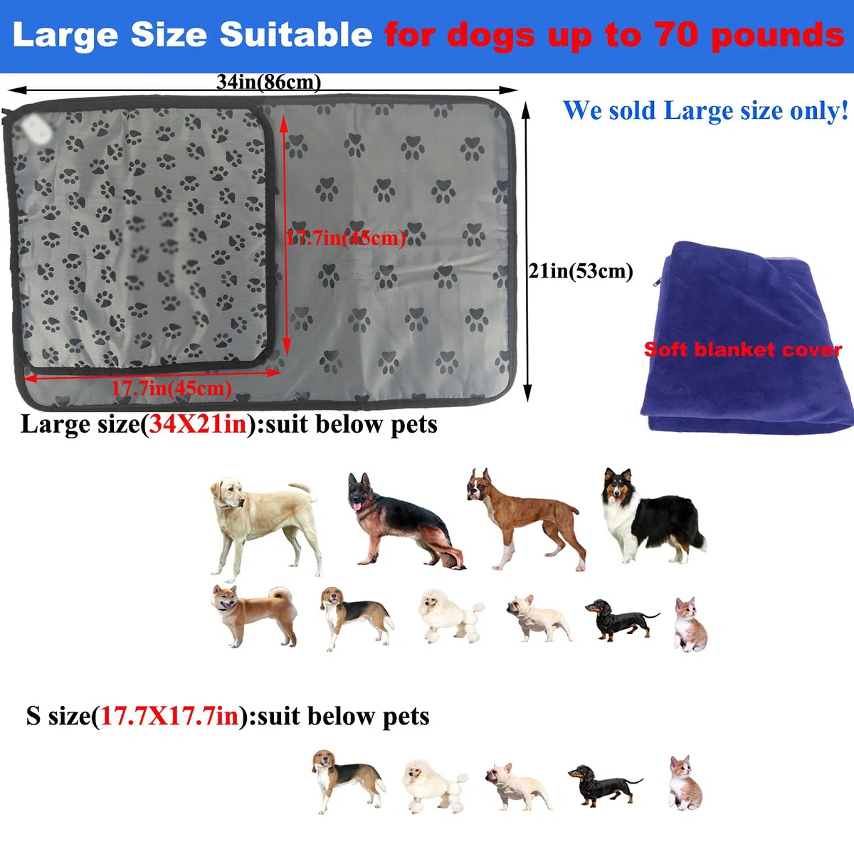 Heizkissen für Haustiere für große Hunde und Katzen, Heizkissen für Hunde, 86,4 x 53,3 cm, mit waschbarem weichem Bezug, elektrisches Heizkissen für den Innenbereich, wasserdichte Heizmatte für Katzen