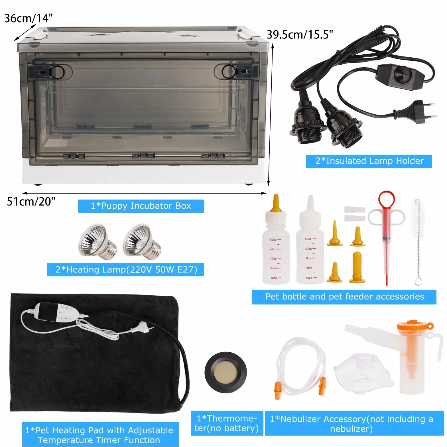 55L Inkubator für Welpen Klappbar Brutkasten Kleintiere mit Heizung Matte Thermometer Nebulizador Zubehör für Welpen Kätzchen Geflügel Vögel Reptilien
