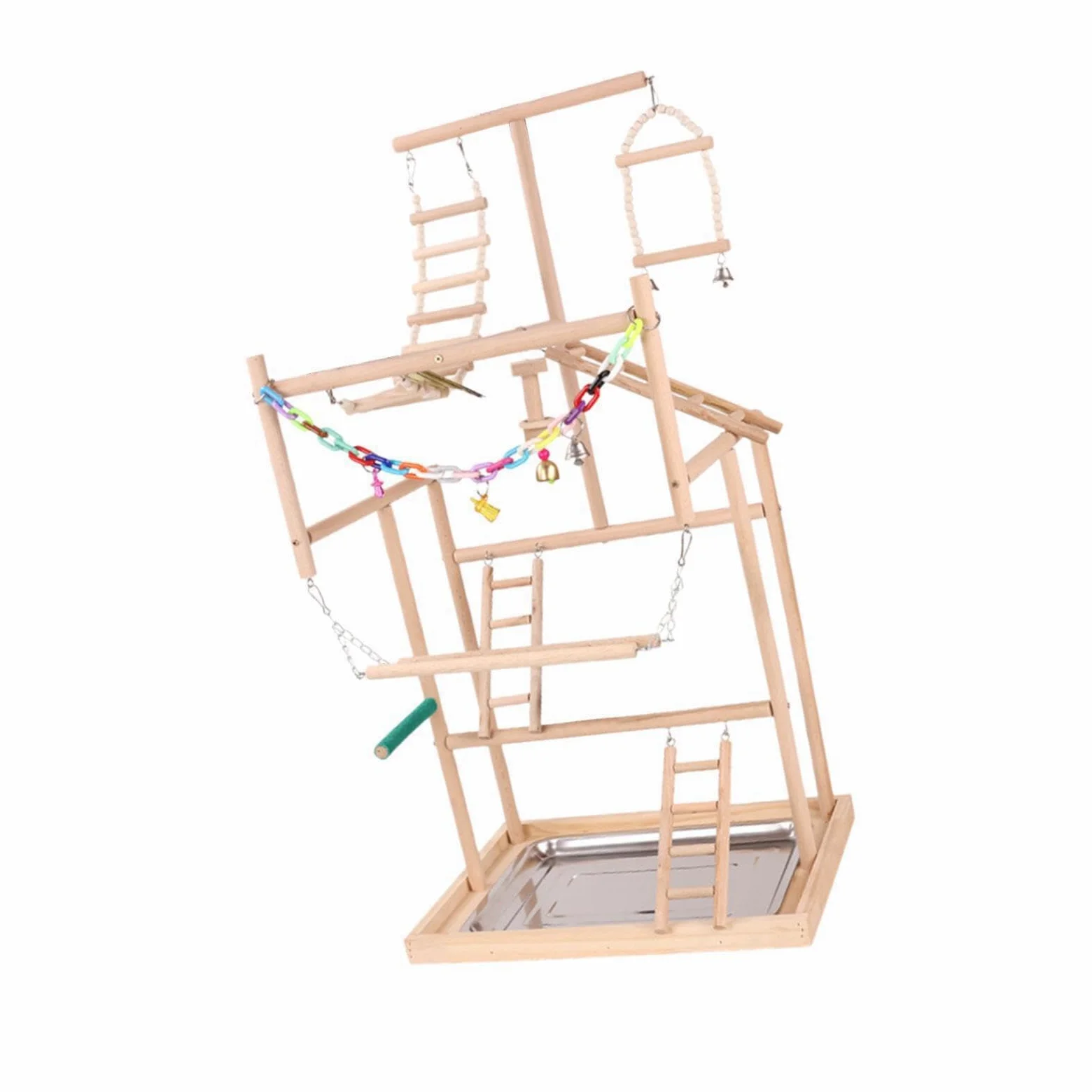 Papageienspielplatz mit Holzkonstruktion und Leiter für sichere und unterhaltsame Spielzeiten. Schwarzer Phönix Papageien Spielplatz mit Schaukel,