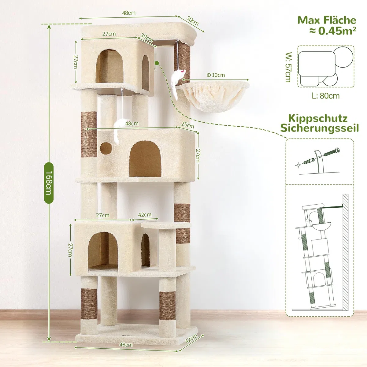 Globlazer F66 Kratzbaum Ecke Beige für Große Katzen 168cm Stabil Katzenbaum | Stabil Kratzbaum mit 3 Katzenhäus, Große Plattform, 5 Sisal Kratzsäulen, Einfach zu montieren, für 3-4 Erwachsene Katzen
