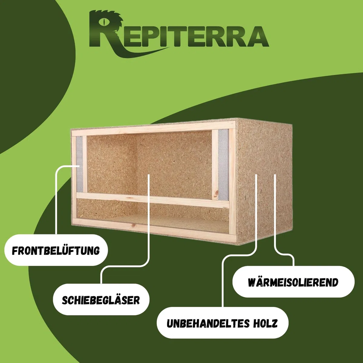 Repiterra Terrarium Reptilien & Batracien aus OSB-Holz, 80 x 50 x 50 cm, Vivarium mit Belüftung auf der Vorderseite für Schlange, Schildkröte und andere