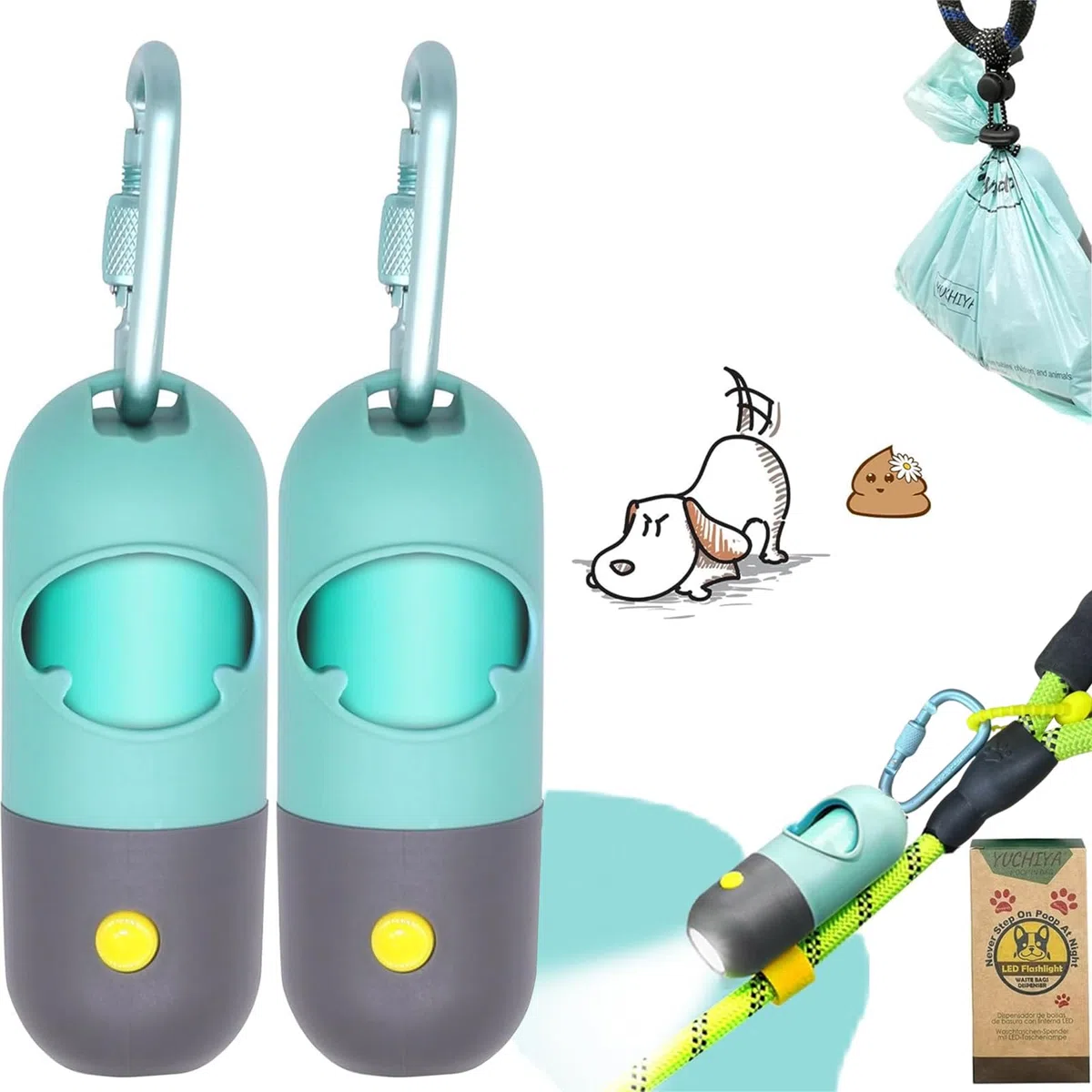 Hundekotbeutelhalter mit LED-Taschenlampe, Hundekotbeutelspender für Leine, Haustierabfallbeutel, Kapsel mit Taschenlampe, Karabiner-Verschluss, LR44-Knopfzellen enthalten (2 Stück)