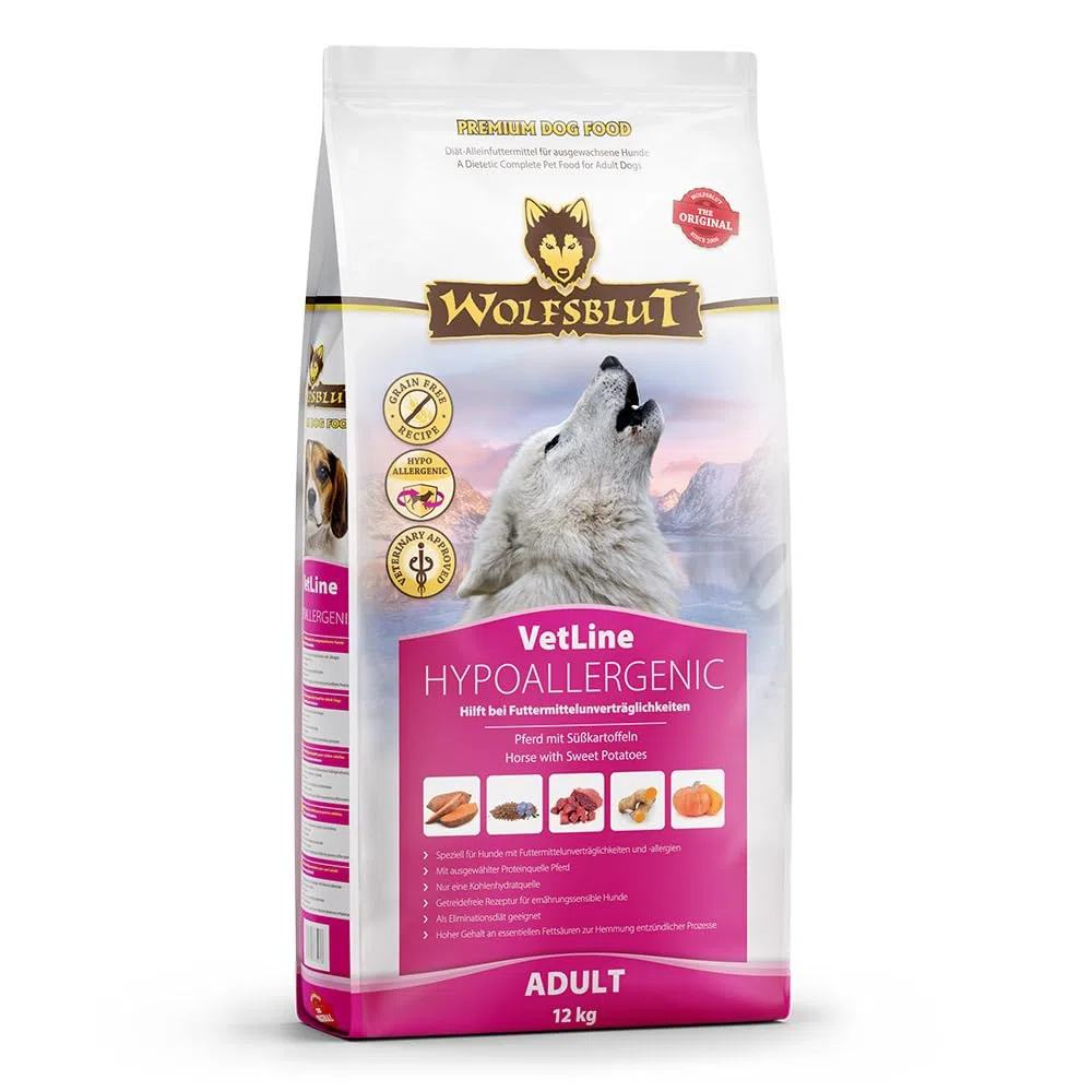 WOLFSBLUT – VetLine Hypoallergenic | Diät Trockenfutter für ausgewachsene Hunde mit Futterunverträglichkeiten. Getreidefreies Alleinfutter im Beutel | 12kg Pferd mit Süßkartoffeln