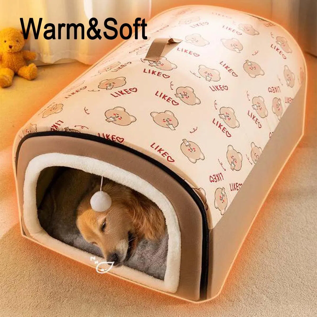 Hundebett, 2-in-1-Hundehütte, große Haustierhöhle, faltbar, beruhigende Hundehütte mit Anti-Angst, weichem, warmem Kissen, abnehmbar, waschbar, Haustier-Iglu-Bett für Hunde und Katzen, rutschfest