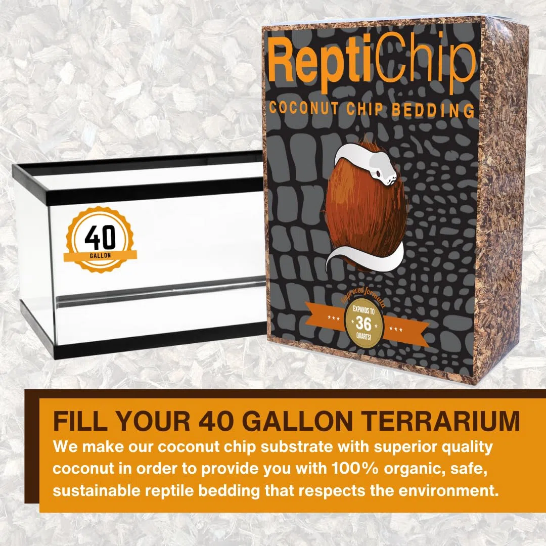 ReptiChip Coconut Substrate for Reptiles 4 Pack of 36 Quart Loose Coarse Coconut Husk Chip Reptile Bedding for Ball Pythons, Tortoises, Geckos, Frogs, Snakes or Lizard Terrarium Tanks