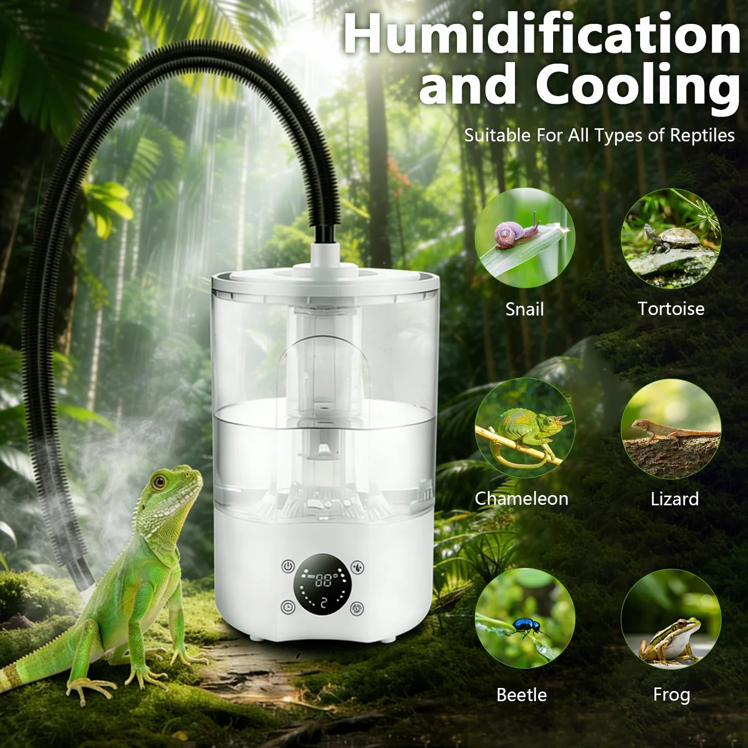 Reptilien Luftbefeuchter, 4L Großem Tank Nebelgerät für Terrarien mit Fernbedienung & 2m Schlauch und Ultraleiser ZerstäUber & Trockenlaufschutz für Amphibien, Reptilien, Nasspflanzen