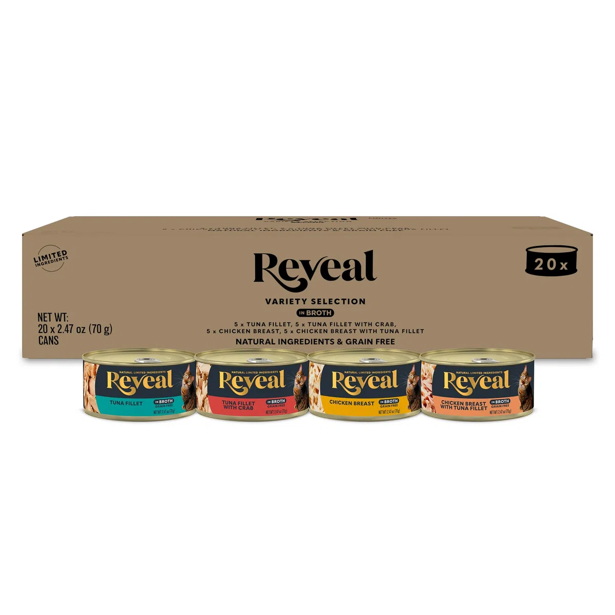 Reveal Natürliches Nassfutter für Katzen in Dosen, Limitierte Zutat, getreidefrei, Eiweiß ohne künstliche Zusätze, Fisch und Hühnersorte in Brühe (20 x 70.0 g Dosen)
