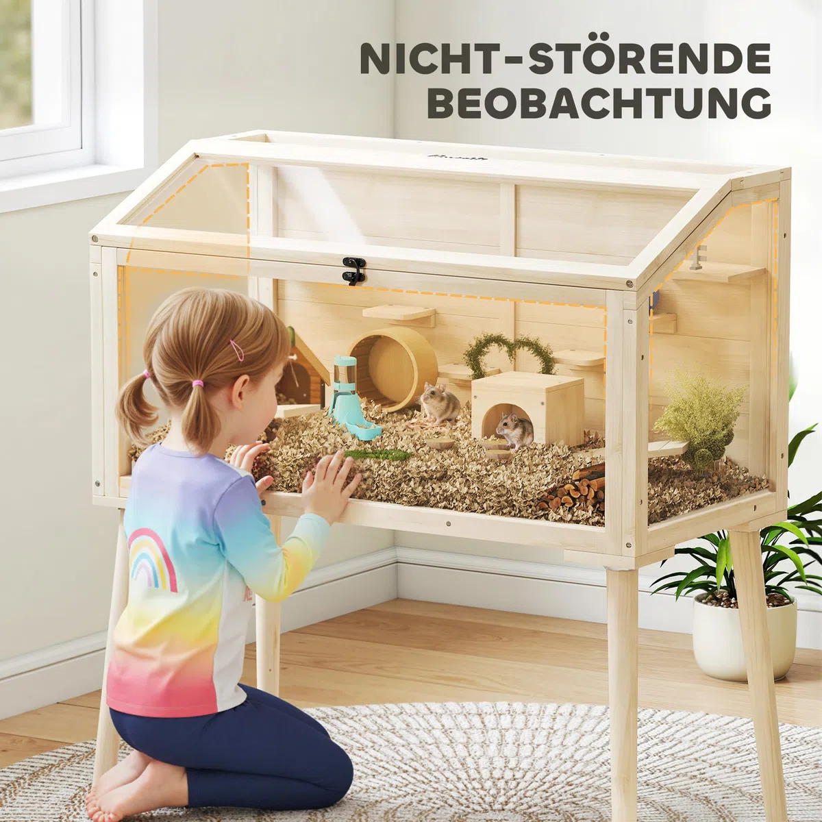 PawHut Hamsterkäfig mit Wippe für Hamster 110 x 52 x 101 cm Naturholz | Zwerghamstergehege, Kükenaufzuchtbox, Wasserflasche, Oberer Tür, Massivholzbeine, Kleintierstall, für Hühnchen Vögel