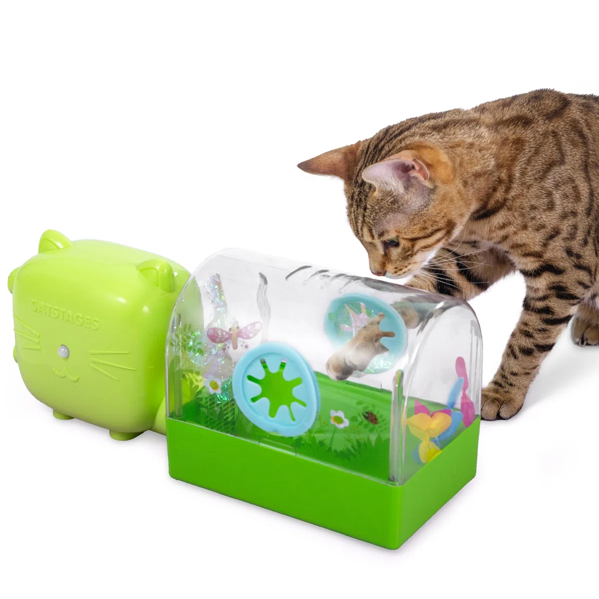 Catstages 2-in-1 Air Blaster Spielset Katzenspielzeug, 2 austauschbare Spielzeuge, Terrarium & Tanzender Kaktus, 1 batteriebetriebener Ventilator
