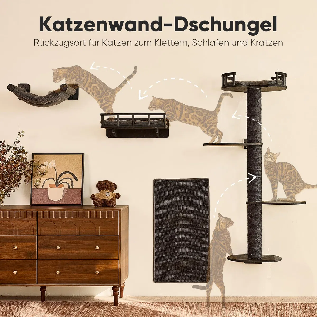 FUKUMARU Kletterwand Katzen-Set, 4 in 1 stabiles Wandmöbel aus mehrschichtigem Holz mit Hängematte, Wandregalen, Kratzbaum und Sisalmatte – Platzsparende Kletterwand (Schwarz)