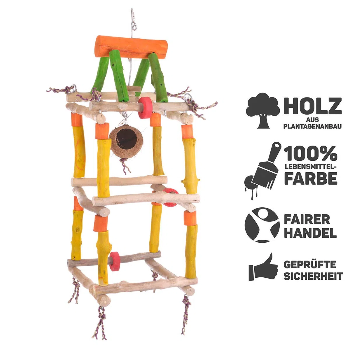 Java | Papageienspielzeug Gym-Tower - als Hängefreisitz für Papageienaus hartem Kaffeeholz