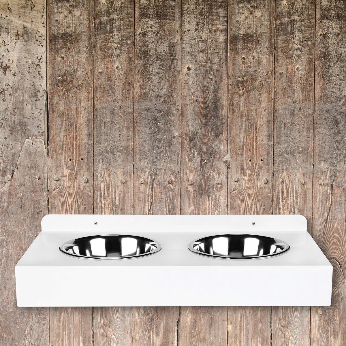 Elegante Schwebende Futterbar für die Wand aus Metall mit 2 Edelstahl Näpfen für Hunde Weiß