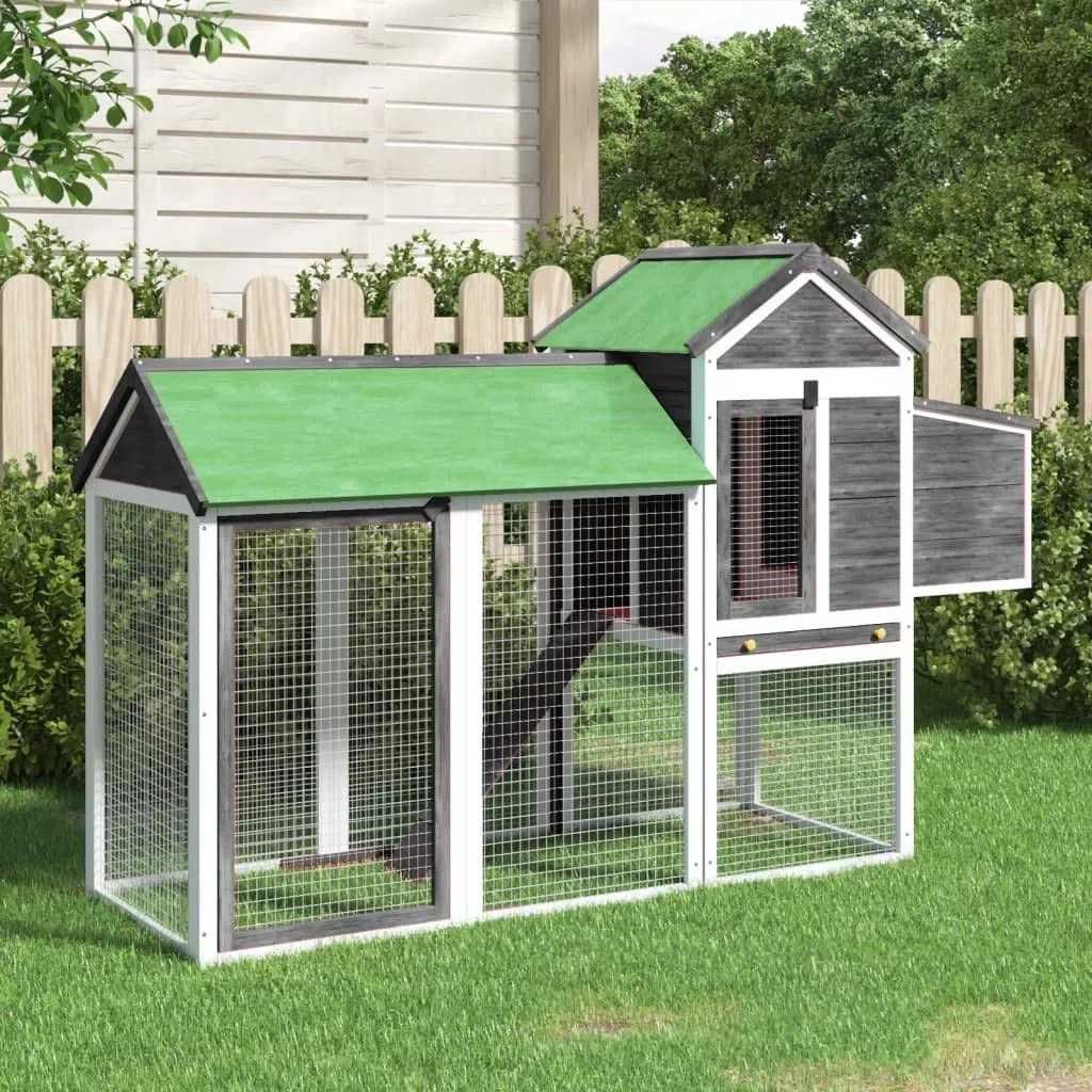 Hühnerstall Grau Massivholz Kiefer 193x65x117 cm mit Dach, Nistkasten und Rampe, wetterfestes Kleintier Gehege für Kaninchen Meerschweinchen Hamster Outdoor Garten