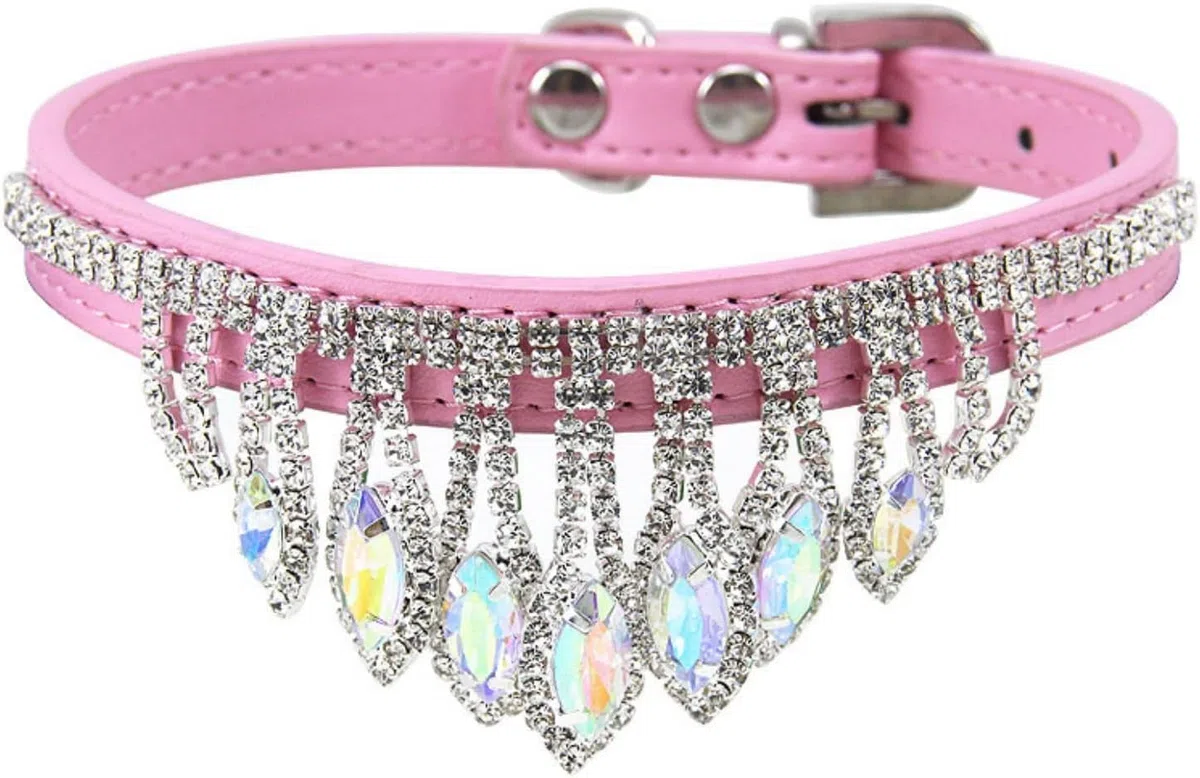 Haustierhalsband, Hundehalsband mit glänzenden Diamanten, Strass-Kristall-Katzenhalsband Bling-Anhänger, PU-Leder, verstellbar, weiches Haustierhalsband(Pink,S)