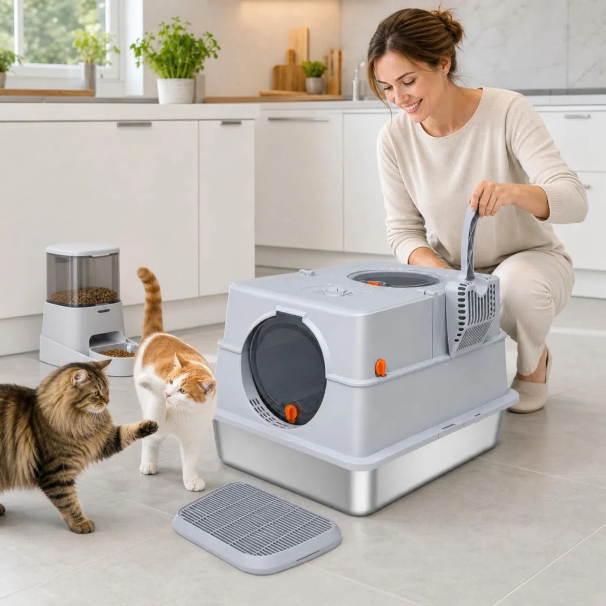 Gralara Haubentoilette mit Edelstahlschale Katzentoilette mit Edelstahlschale XXL Katzentoilette Haube für Katzen, Katzenbesitzer, Wohnung, Haushalt, Dunkelgrau, XXXL-mit Streumatte